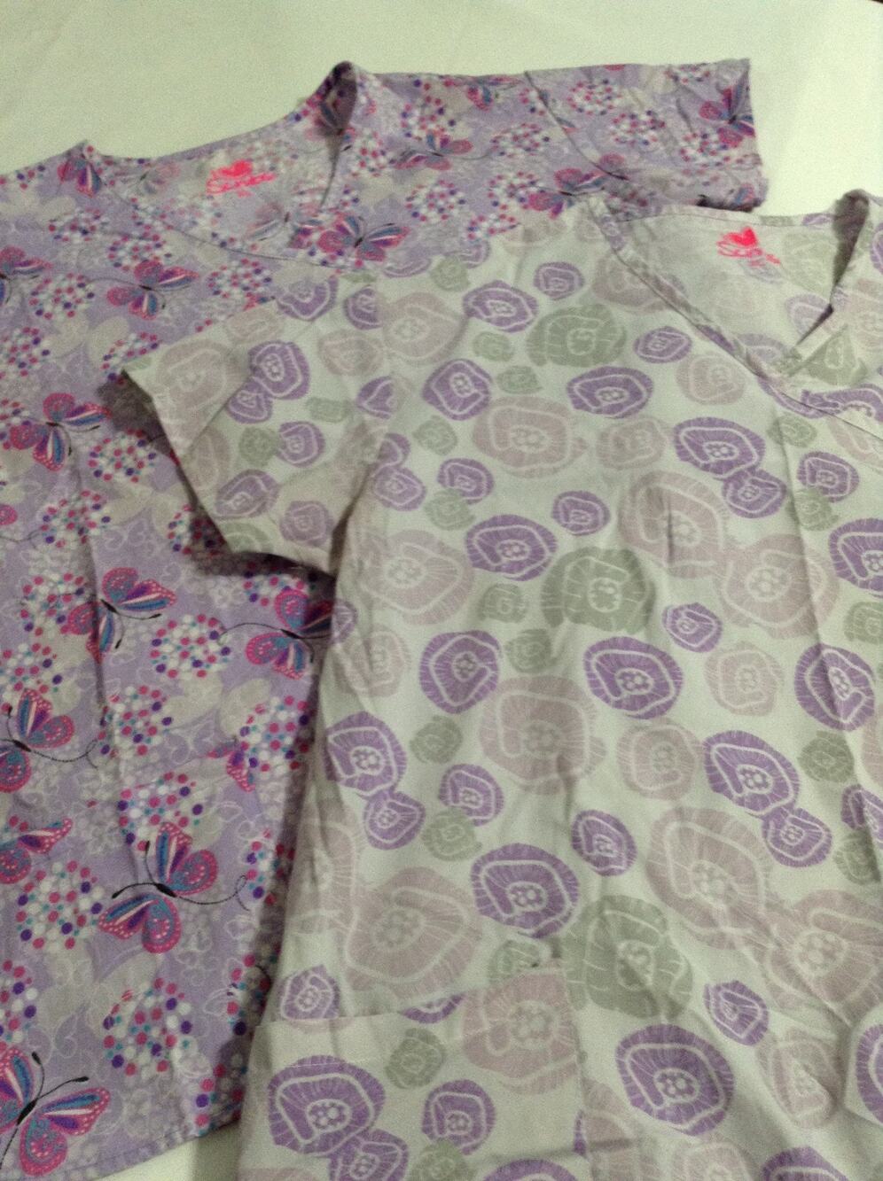 Lot of 2 Scrubs Tops Womens XL Purple Butterfly & Abstract Floral V-Neck